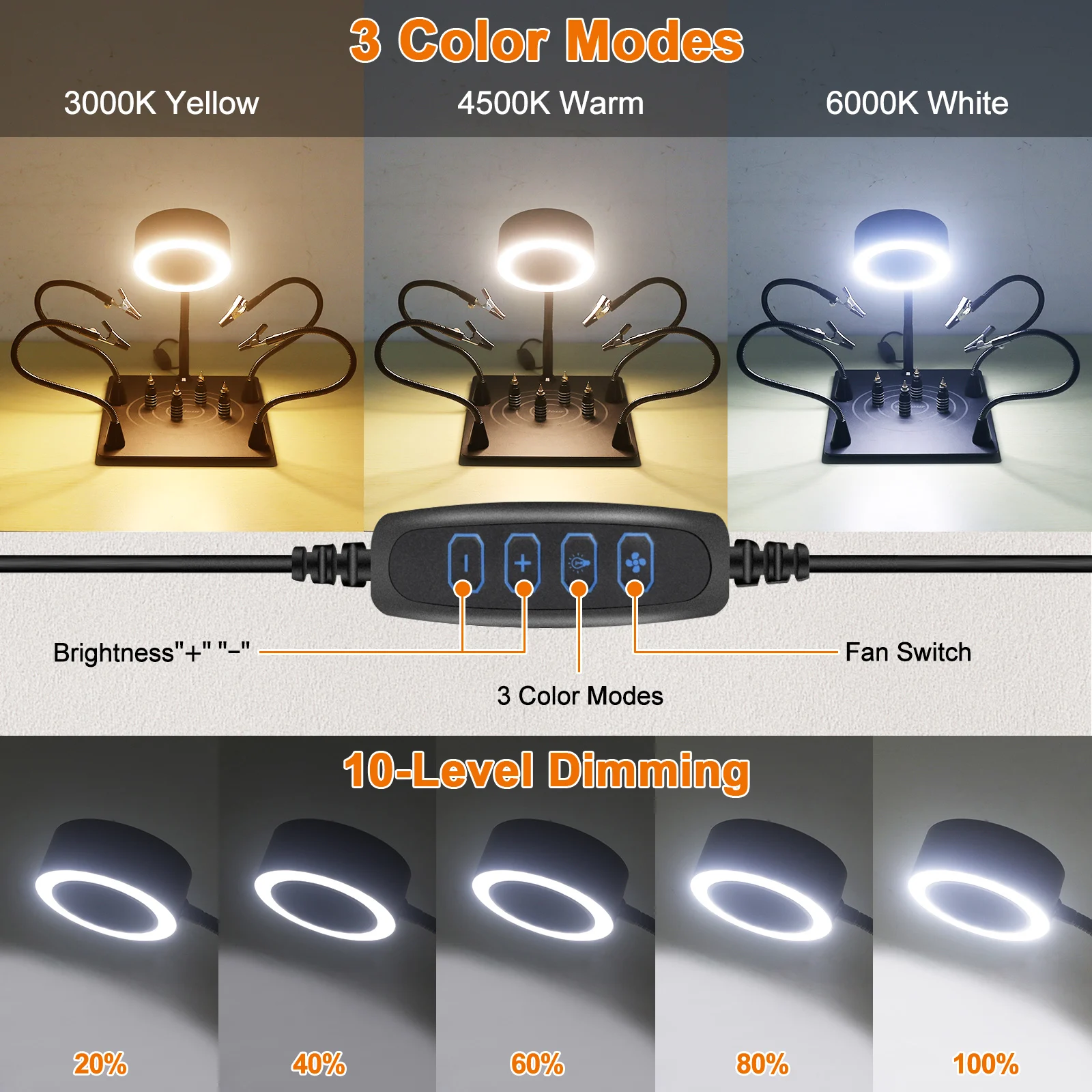 Toolour 12W Welding Smoking Device with 3 Color LED Light 4 Flexible Arms 4 PCB Holder Welding Workbench for Solder Repair