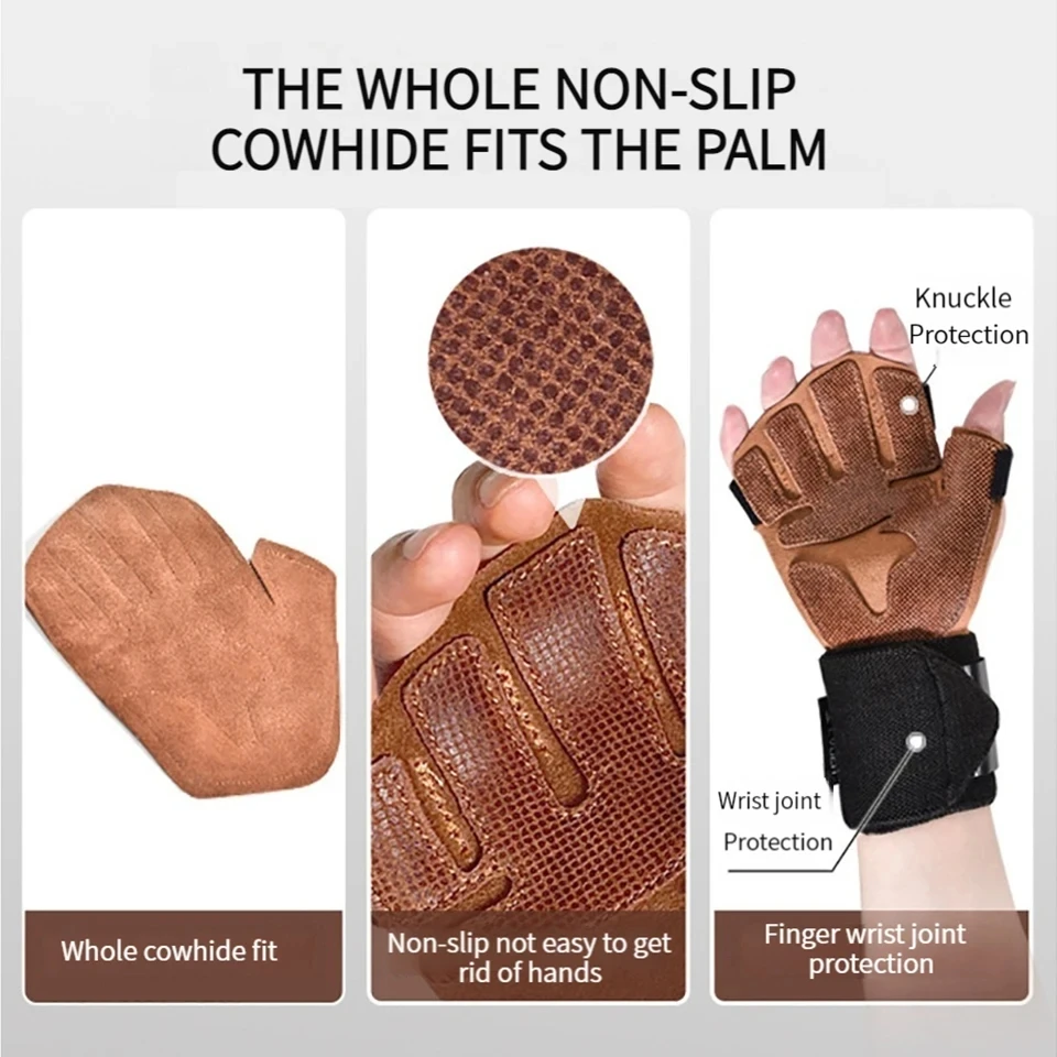 Cowhide Ventilated Weight Lifting Gloves Men Women Gym Workout Gloves for Fitness Weightlifting Pull Ups Palm Protection Support 4