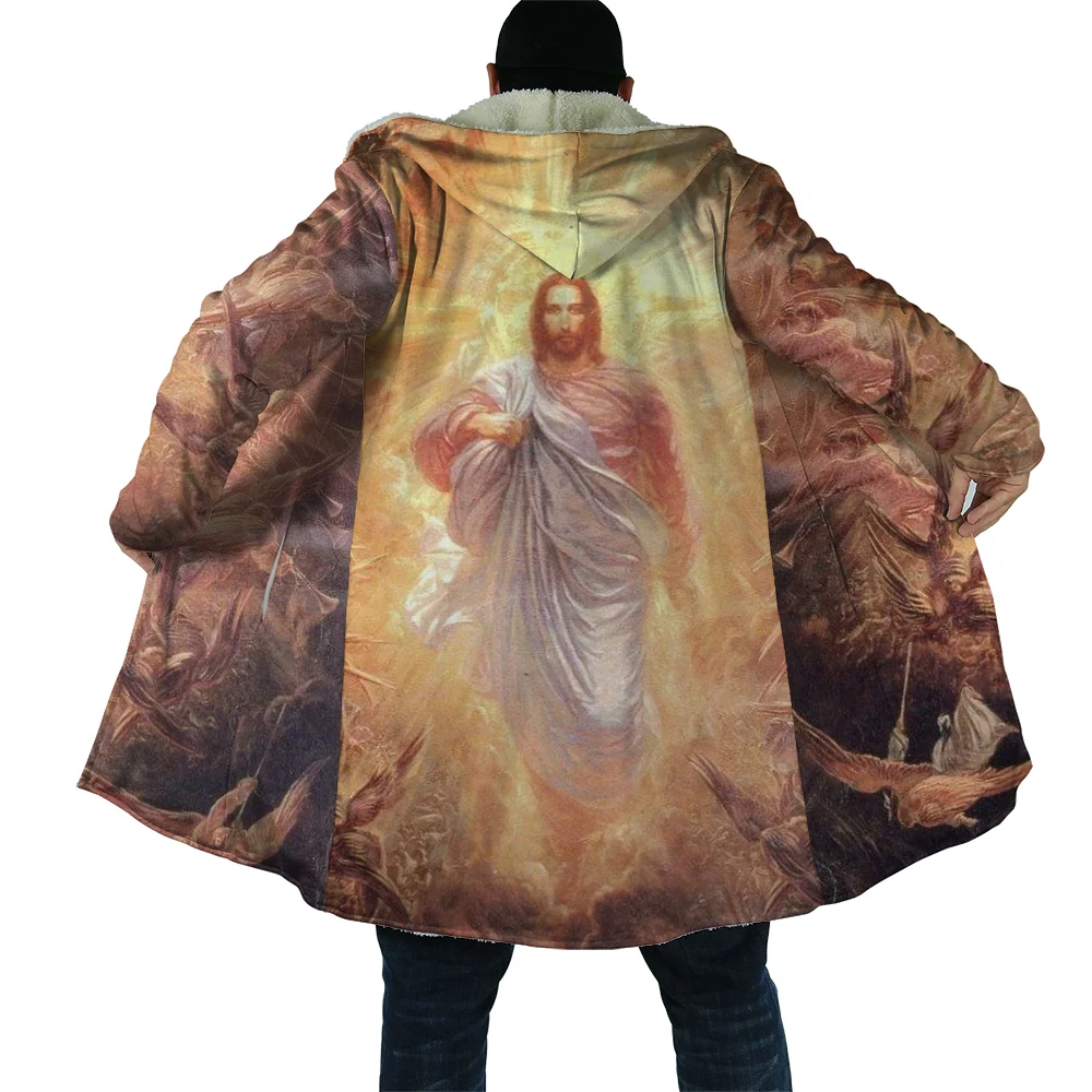 

Men's windproof hooded cloak Jesus Graphics 3D printed hooded jacket Unisex winter street casual thick insulated hooded cloak