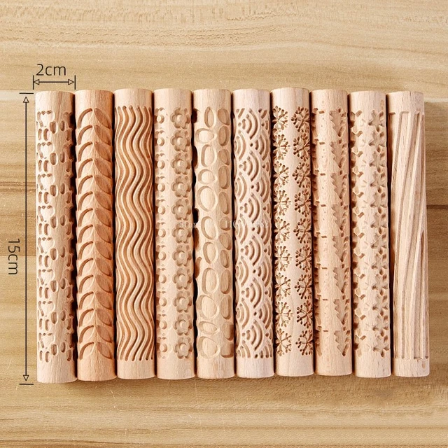 6 Pcs Wood Texture Rollers for Clay,Clay Modeling Pattern Rollers Kit, Star  Leaves Snowflake Flower Water Ripple Curve Pattern Clay Rolling