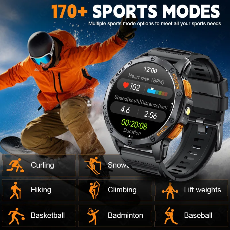 LIGE Orologio GPS da uomo con torcia a LED, 1,43 pollici, AMOLED, smartwatch con funzione telefono, batteria da 600 mAh, frequenza cardiaca/contapassi/ monitor del sonno/bussola Smart Watch per iOS
