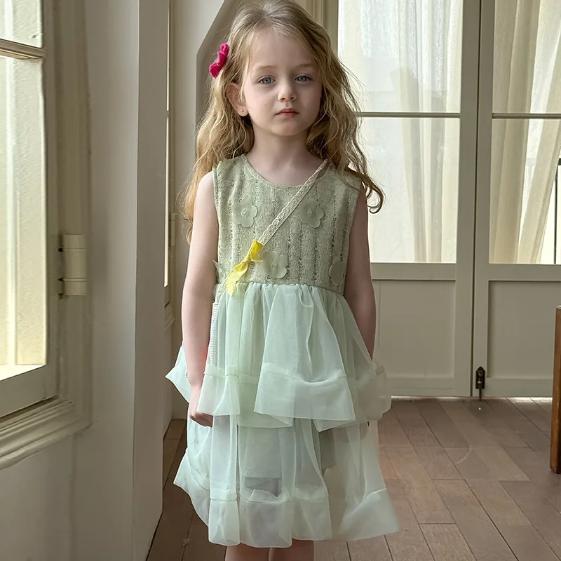 Summer Baby Girl Mint Green Layered Tulle Princess Dress Lace Bodice Birthday Outfit Summer Toddler Party Gown Vest Dress
