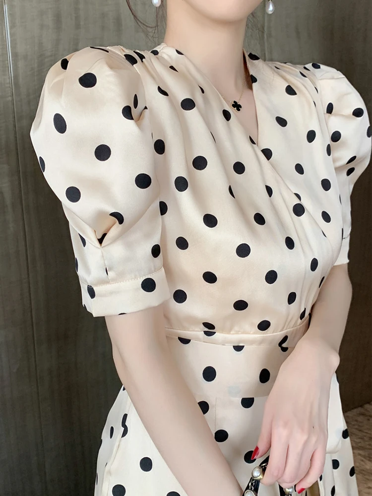 Vintage Elegant Midi Dress for Women Retro Satin Polka Dot