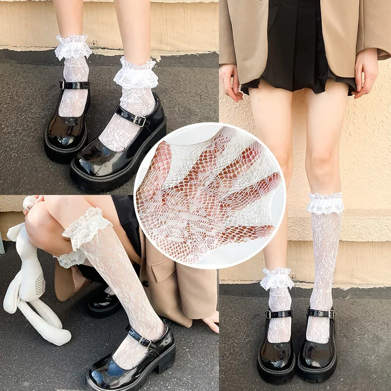 Spring Summer New Children's Lace Thin Hollow Mesh Black and White Solid Color Medium Tube Stacking Socks Wholesale