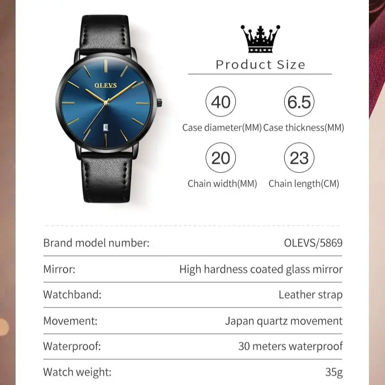 OLEVS Ultra Thin Japan Quartz Watch for Men Date Minimalist