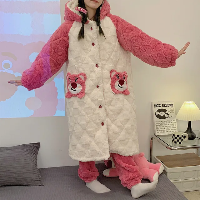 Disney Lotso Pajamas Winter Three Layer Thick Nightwear Suit Cute Anime Toy Story Coral Hooded Pajamas Flannel Sleep Robe Xmas