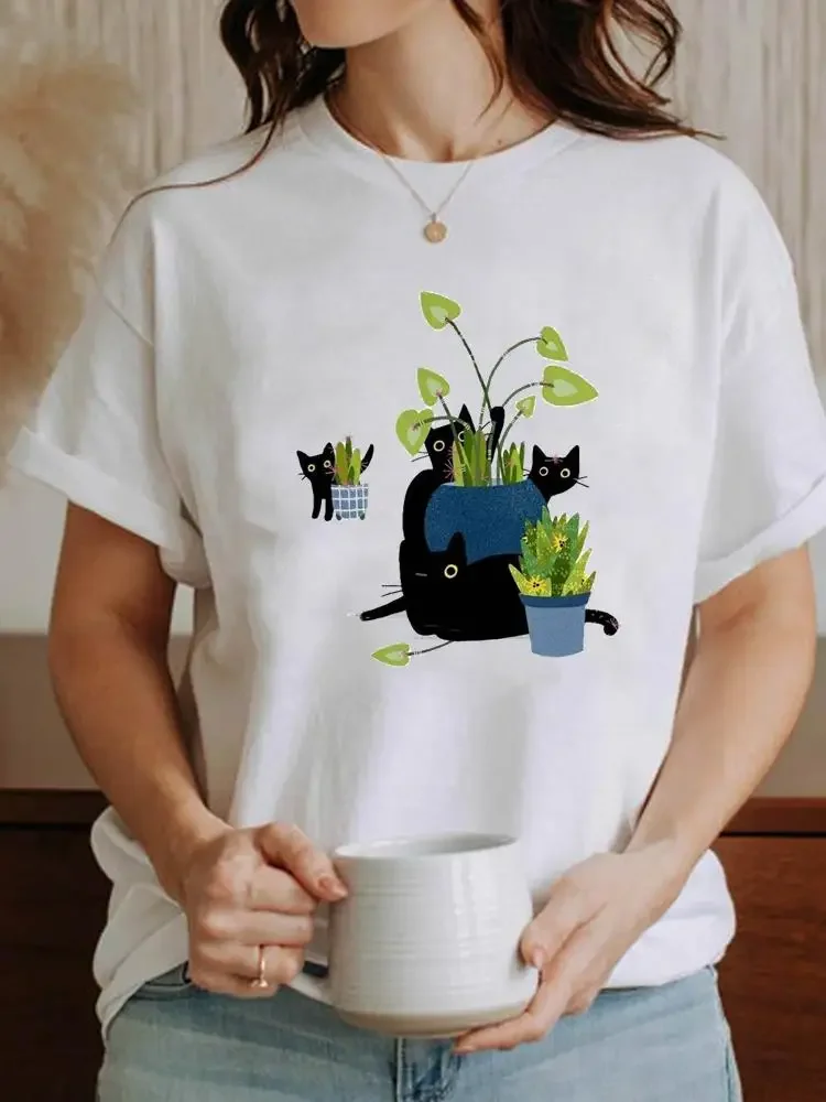 

Женская футболка с коротким рукавом, милая модная одежда с принтом кошки, забавного лица, растений, летняя футболка с графическим принтом