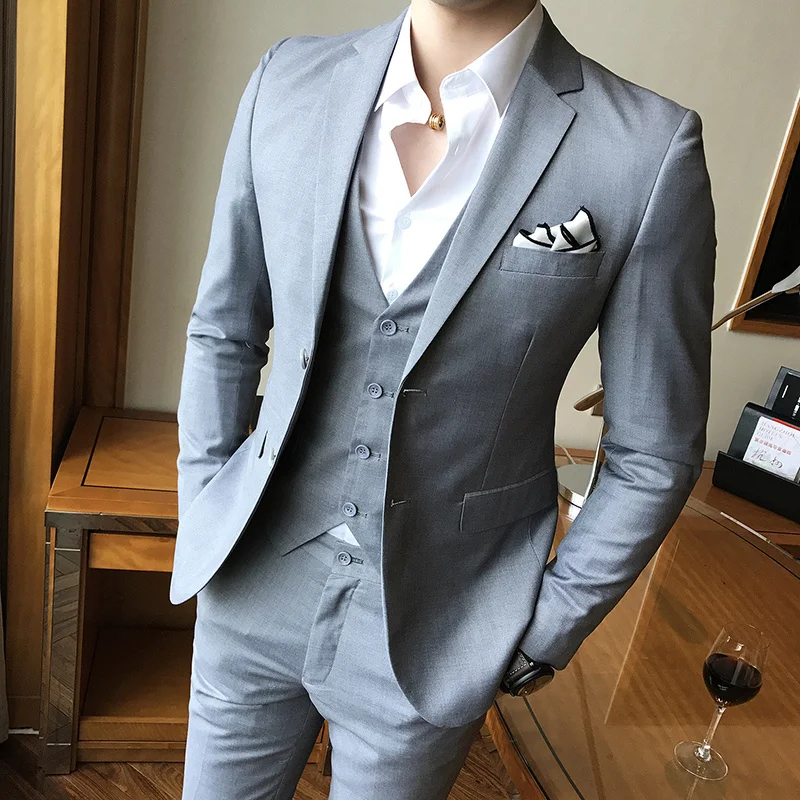 

(Jacket+Pants+Vest) 3 Pcs Set Blazers Fashion New Men Casual Boutique Business Solid Color Wedding Suits Dress Coat Trousers