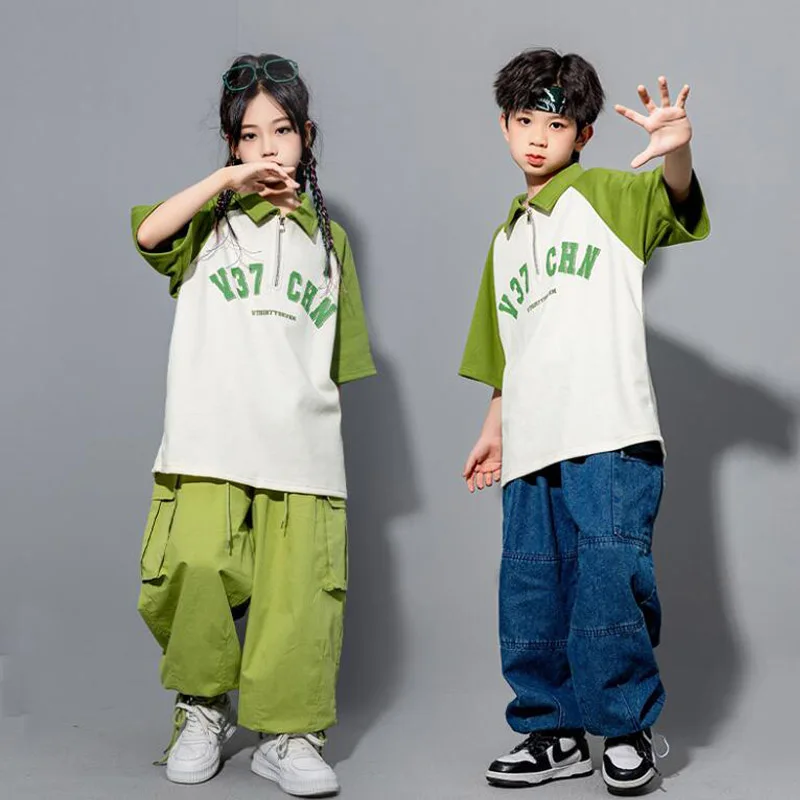 

Kids Street Dance Kpop Outfits Hip Hop Clothing Oversizes Polo Tshirt Casual Cargo Pants for Girl Boy Jazz Dance Costume Clothes