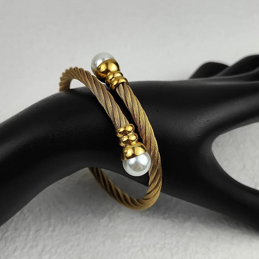 New Braided Bracelets Women Men Fashion Punk Pearl Open Cuff Bracelet Bangles Stainless Steel Wrist Metal Jewelry Accessories 5
