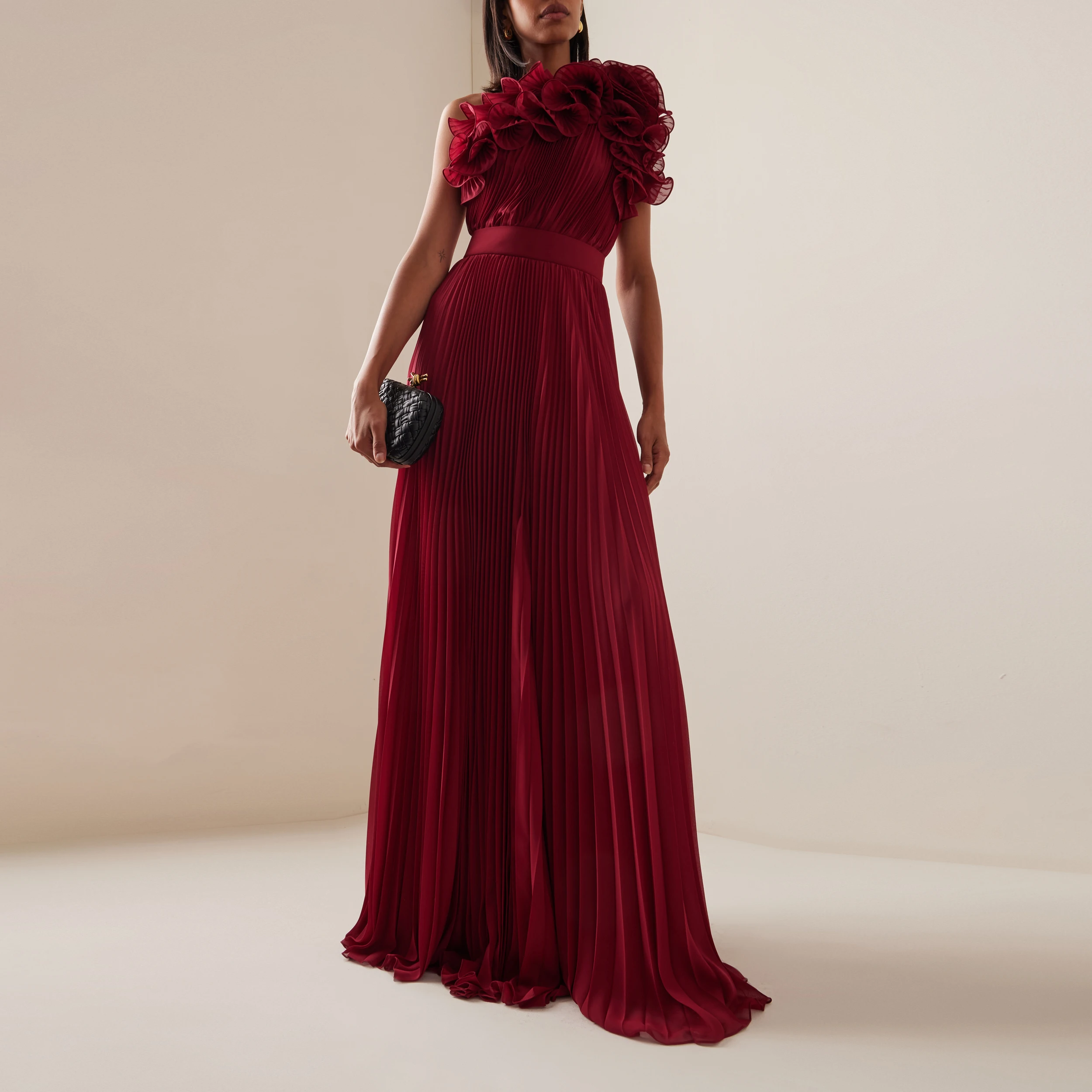 

Темно-красное асимметричное платье макси, платья для выпускного вечера, плиссированное шифоновое вечернее платье с оборками на одно плечо, платья для женщин