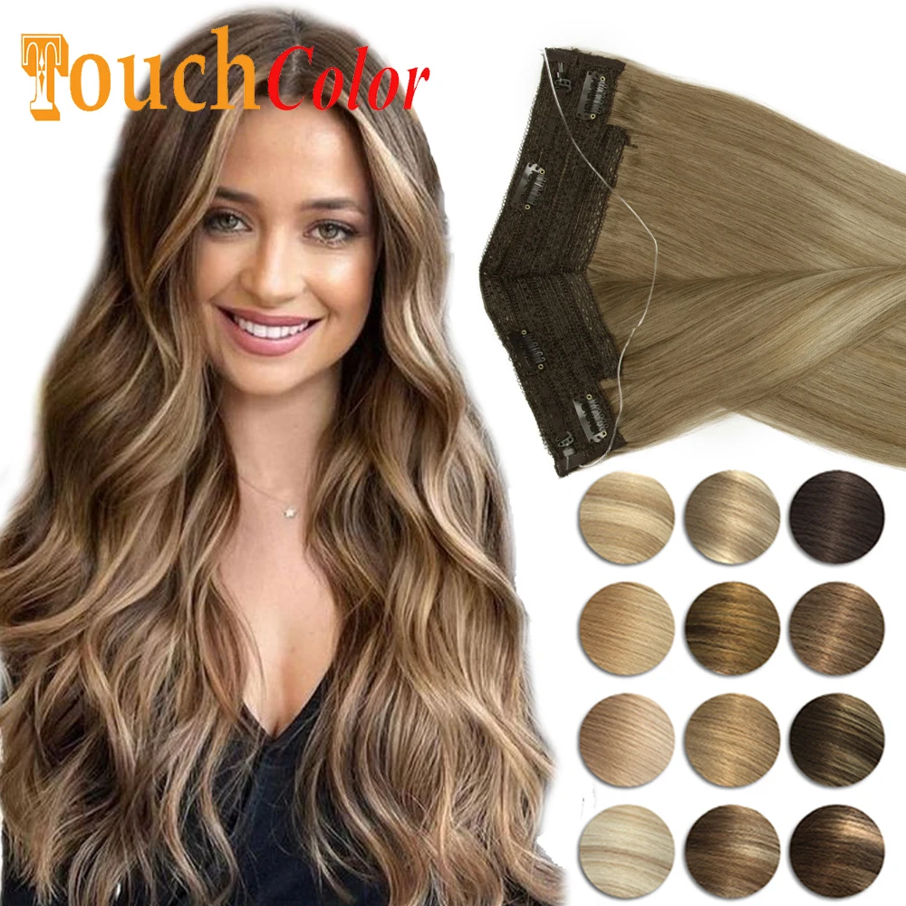 Natural Human Halo Hair Extension Straight Clip Hairpiece Black Blonde