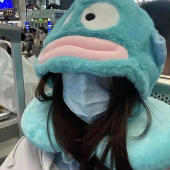 Sanrioed Hangyodon U자형 베개, 후드 목 버팀대, 사무실 낮잠 베개, 카와이 만화 라인 매트, 여행 운전 머리 받침, 소녀 선물
