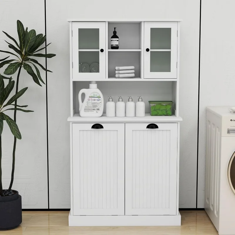 Tall Tilt-Out Double Doors Laundry Cabinet Hamper, Large Pull Out Laundry Room Storage Cabinets, Bathroom Cabinet 3