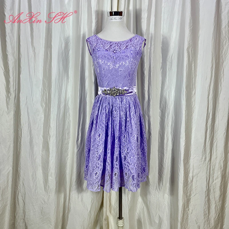 

AnXin SH princess purple flower lace sleeveless o neck beading crystal vintage short zipper Bridesmaid Dress little white dress