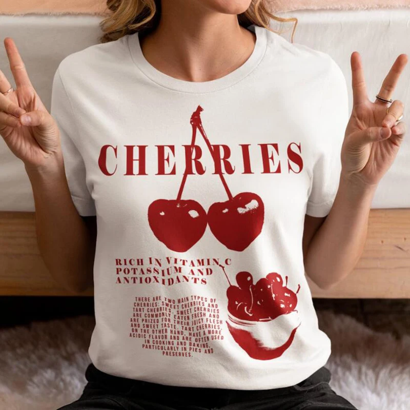 

T-Shirt Printing Basic Clothing Short Sleeved O-Neck T-Shirt Casual Fashion Trend Women's Cherry Pattern Summer New T-Shirt.