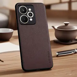 Elegant Vegan Leather Phone Case - Lychee Pebble Texture for Realme 13 (Coffee)