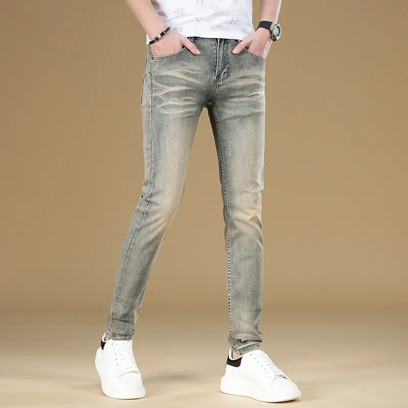 Retro Jeans Men\'s Simple Fashion Brand Slim Fit Skinny High-End Casual All-Match Stretch Worn Looking Washed-out Pants