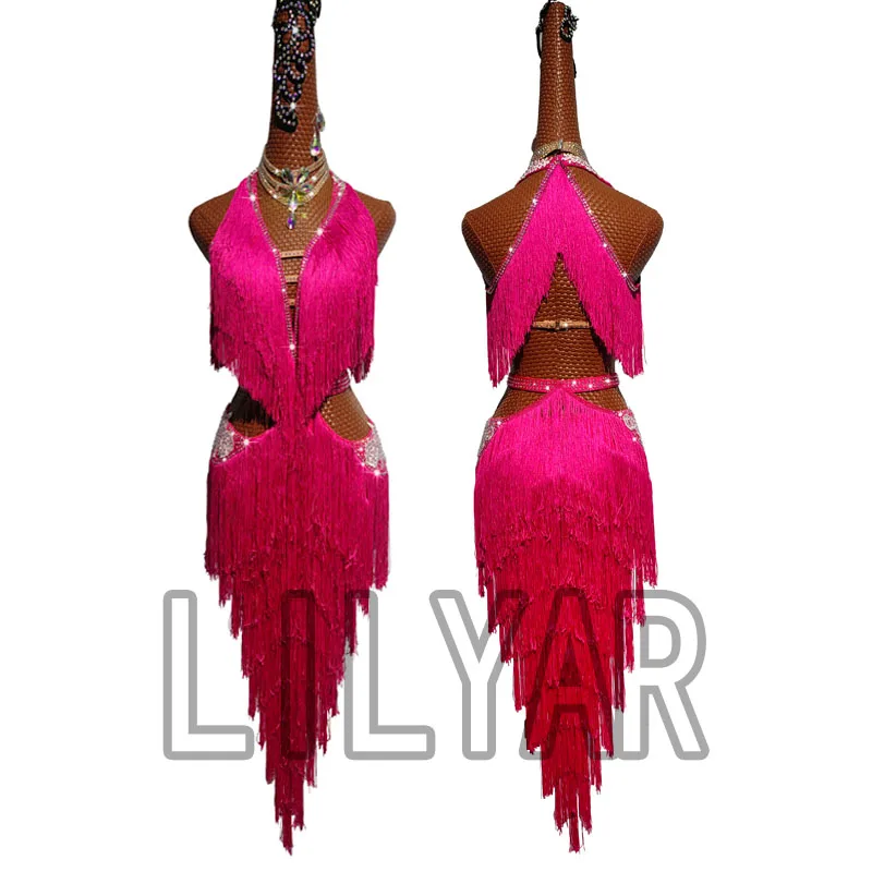 Latin Dance Dress Adult Children Rose Red Embroidered Fringe