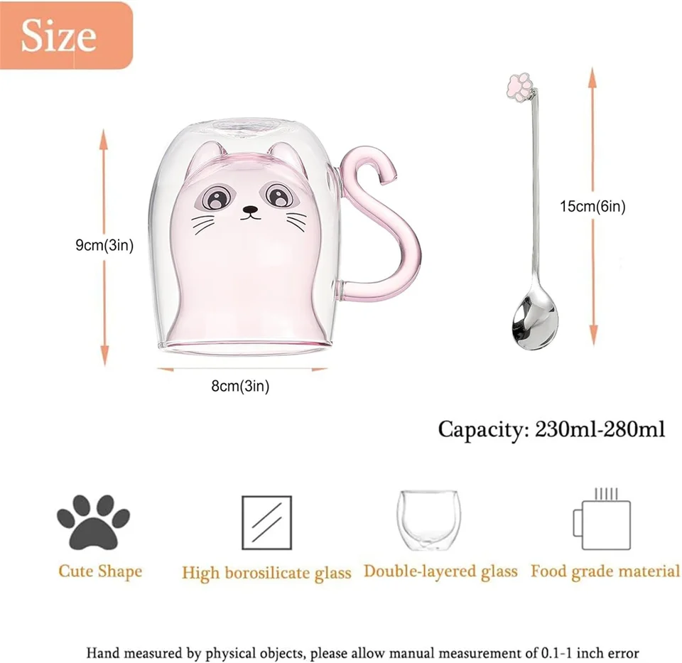 UHOONE Simpatico Tazza Gatto, Doppia Parete Vetro Carino Tazze con Cucchiaio, Tazzine da Caffè con Manico per Donne Ragazze Amanti dei Gatti Compleanno (Trasparente
