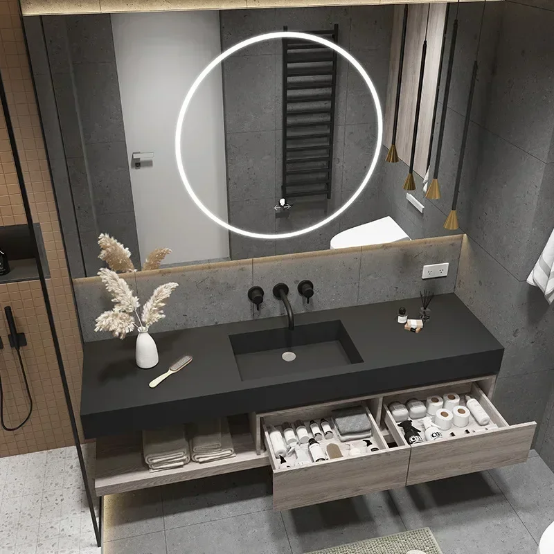 Cabinet Bathroom Smart Mirror Cabinet Slate Ceramic Integrated Washbasin Bathroom Vanity with Sink Furniture
