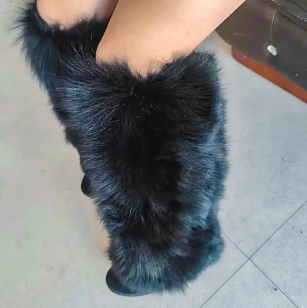 

Winter Warming Black White Cow Suede Fox Fur Round Toe 8 CM Wedges Height Increasing Knee High Boots Women Long Botas Shoes