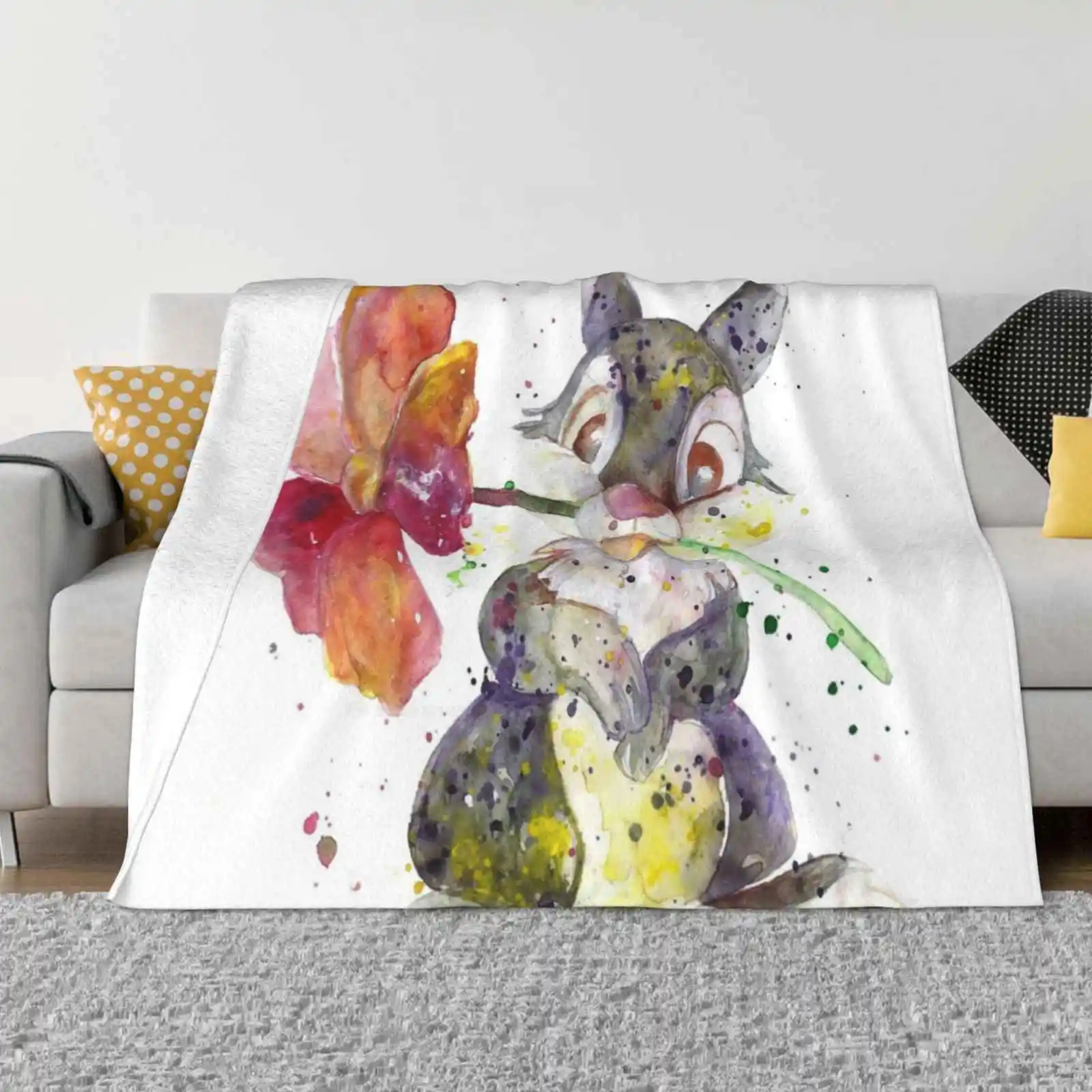 

Thumper. Soft Warm Light Thin Blanket Thumper Bunny With Flower Watercolor Art Fine For Child For Kids Rabbit Flowers Colorful