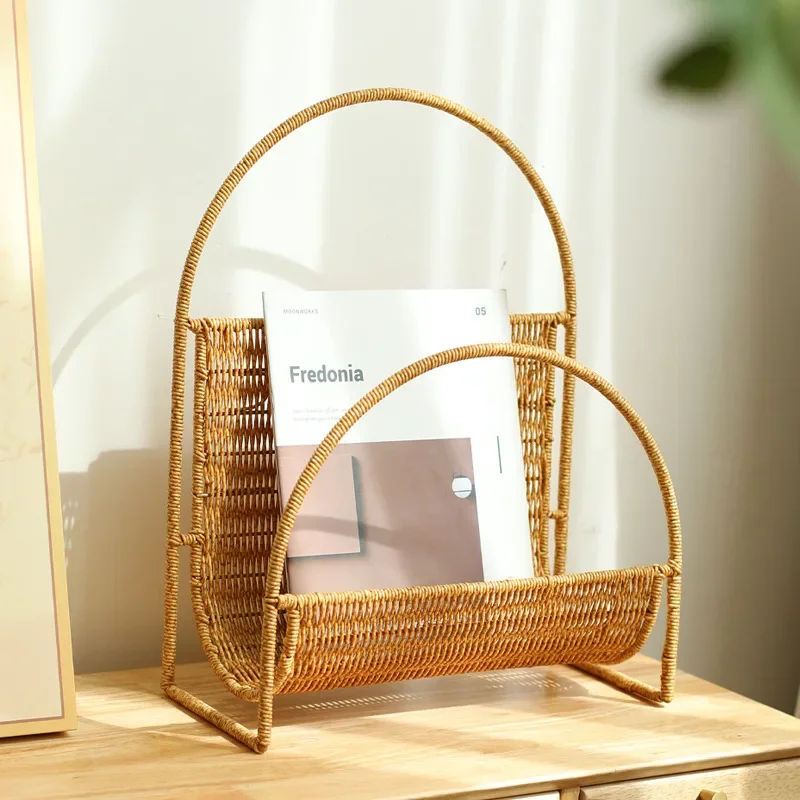 

Japanese Imitation Rattan Woven Design Magazine Rack Retro Living Room Sofa Book Storage Stand INS Creative Cafe Newspaper Rack