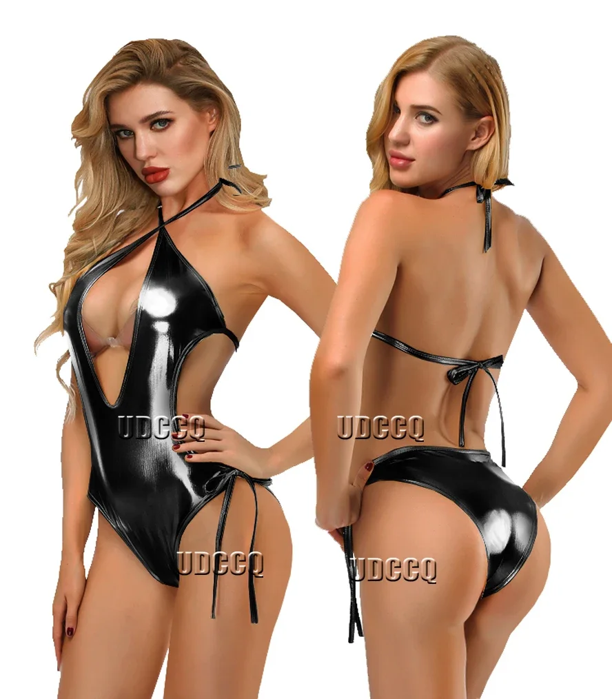 Sexy Metallic PVC Faux Leather Underwear Babydoll Lingerie