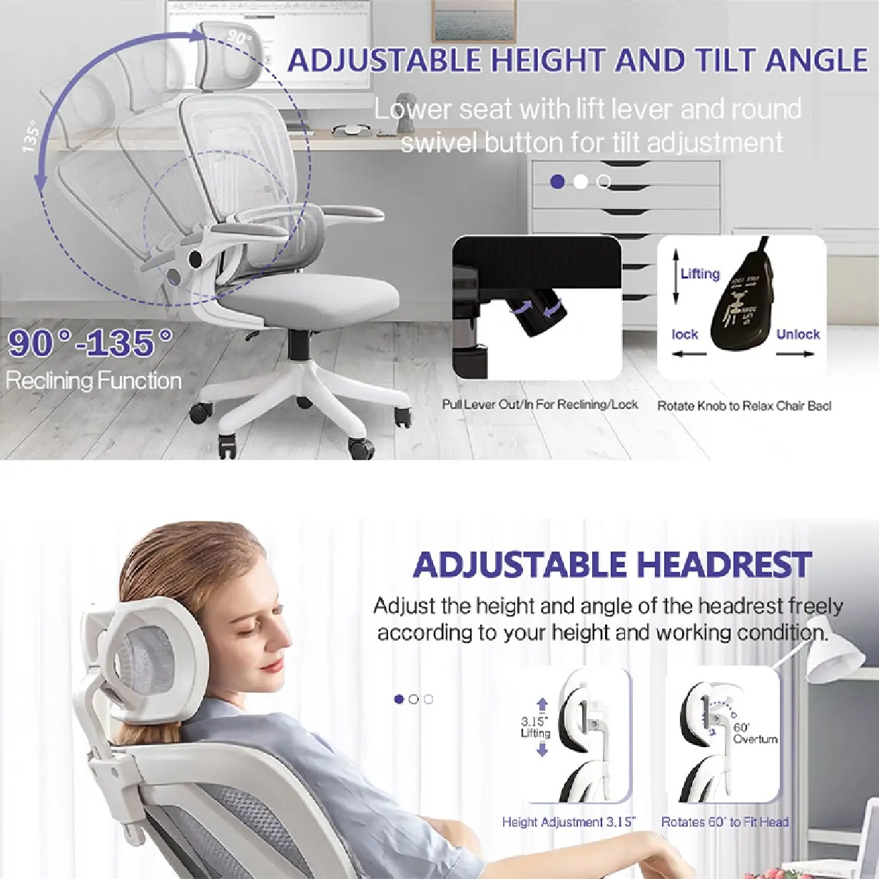 Ergonomic Office Chair Comfort Home Desk Chair Adjustable High Back Mesh Chair Lumbar Support Computer Chair with Flip-Up Arms 5
