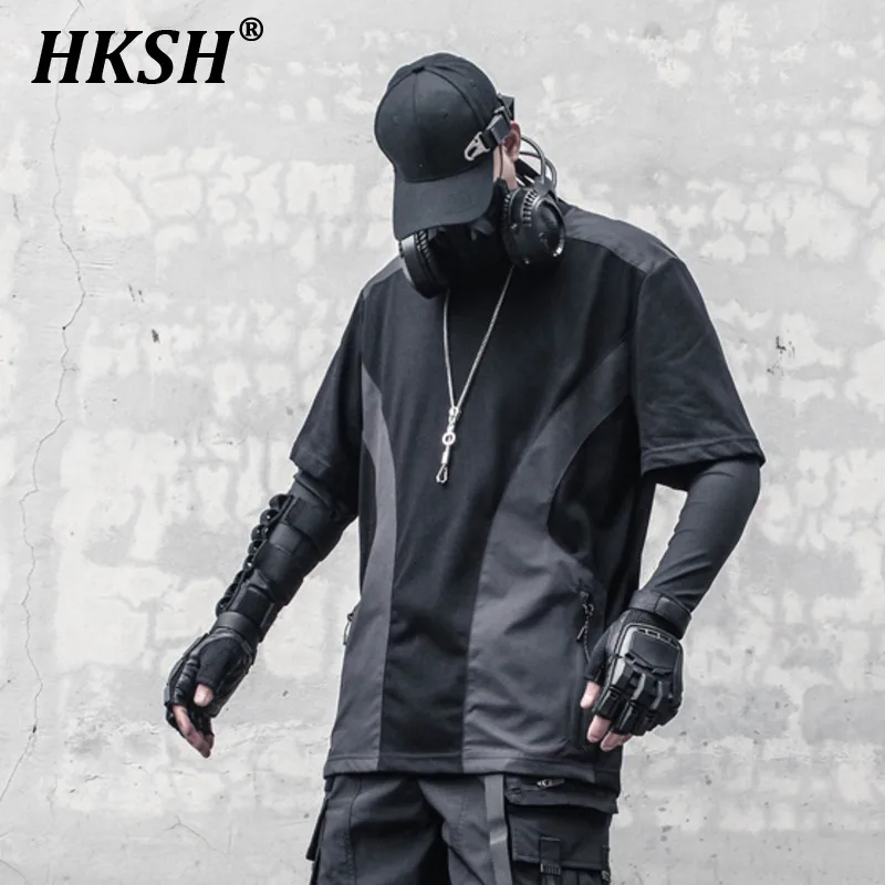 

HKSH Tactical Spliced Workwear Short Sleeve T-shirt Men's Tide Summer New Punk Design Niche Deconstruction Tees Patchwork HK0506