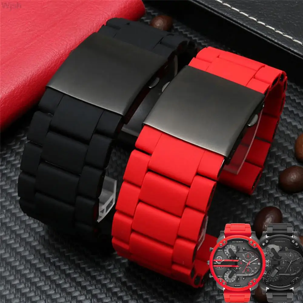 

28mm Silicone Stainless Steel Watchband for Diesel Watch Strap DZ7396 DZ7370 DZ4289 DZ7070 DZ7395 Men Rubber Wrist Band Bracelet