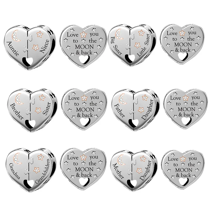 チャームブレスレット925シルバー,ハート型パズル,月と背中が大好き