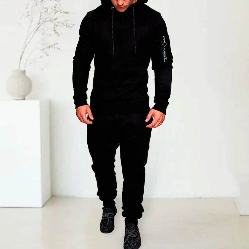 Breathable Men Fitness Suit Stylish Men's Hoodie Pants Set Solid Color Long Sleeve Elastic Waist For Fall/winter Sports Wear