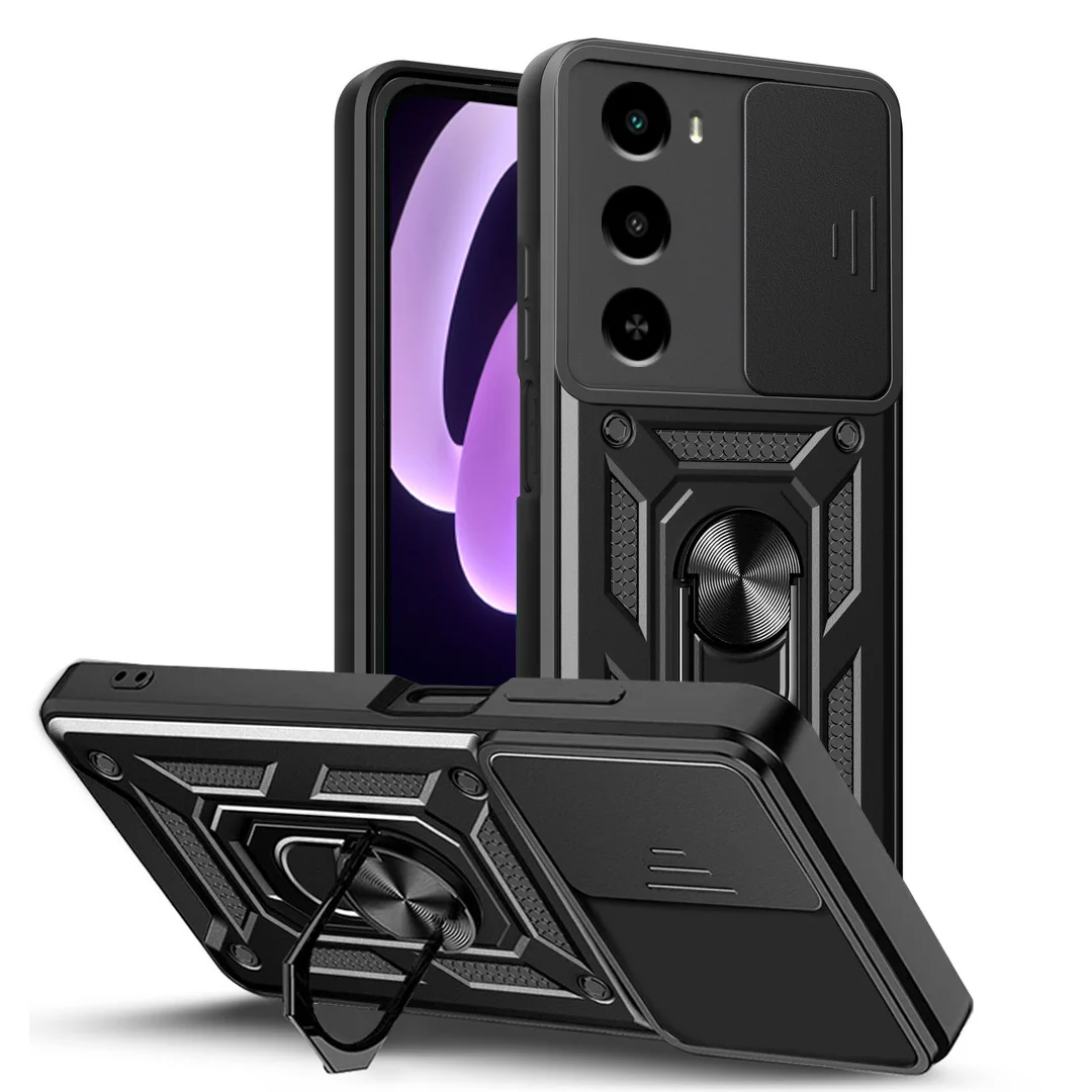 Enhanced Camera Protective Case with Armor Hybrid Metal Ring Holder Cover