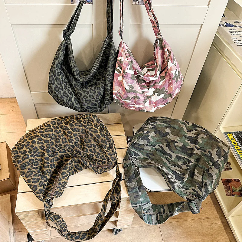 Summer New Women's Bag Leopard Print Canvas Crossbody Bag 2026 Y2K Trendy Travel Shoulder Bags Tote Bag Female Student Handbags