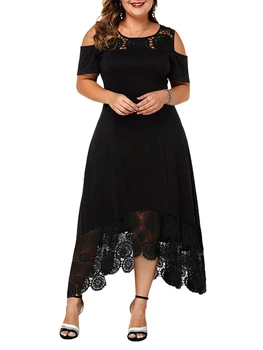 Women'sPlus Size Elegant Party Dress, 1x-4x ,2023 Summer,Solid Contrast Lace Panel Cold Shoulder Round Neck Asymmetrical Hem 1