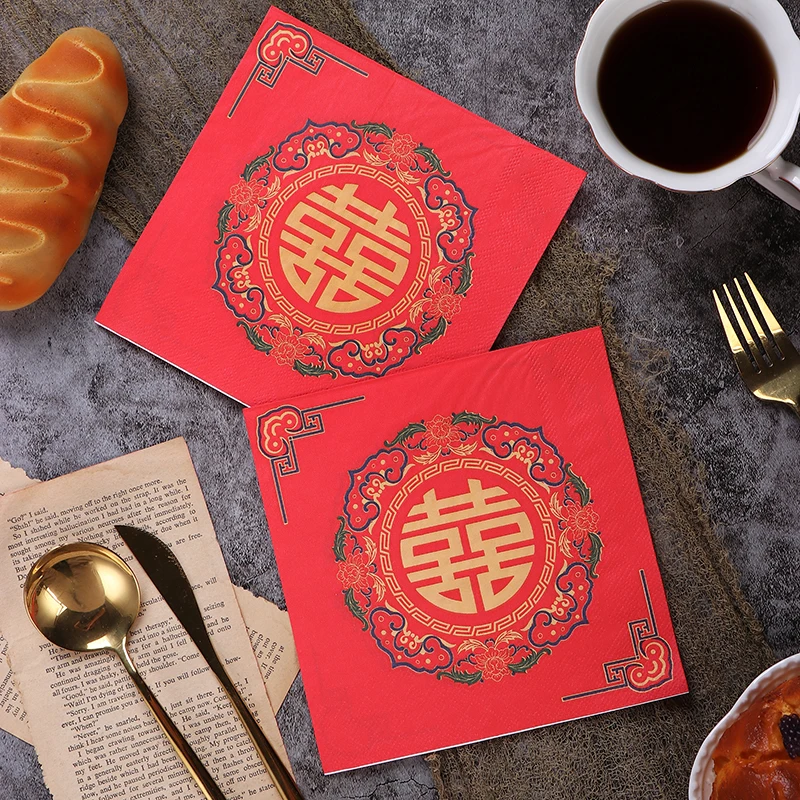 20pcs/pac 2-Pl Chinese Red Double Happiness Napkins Printed Tissue Paper Wedding Wine Glasses Flower Arrangement