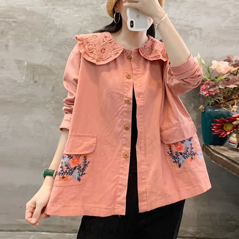 

Women's New Spring Autumn Embroidered Cotton and Linen Peter Pan Collar Button Fashion Loose Casual Sweet Long Sleeve Shirt Tops