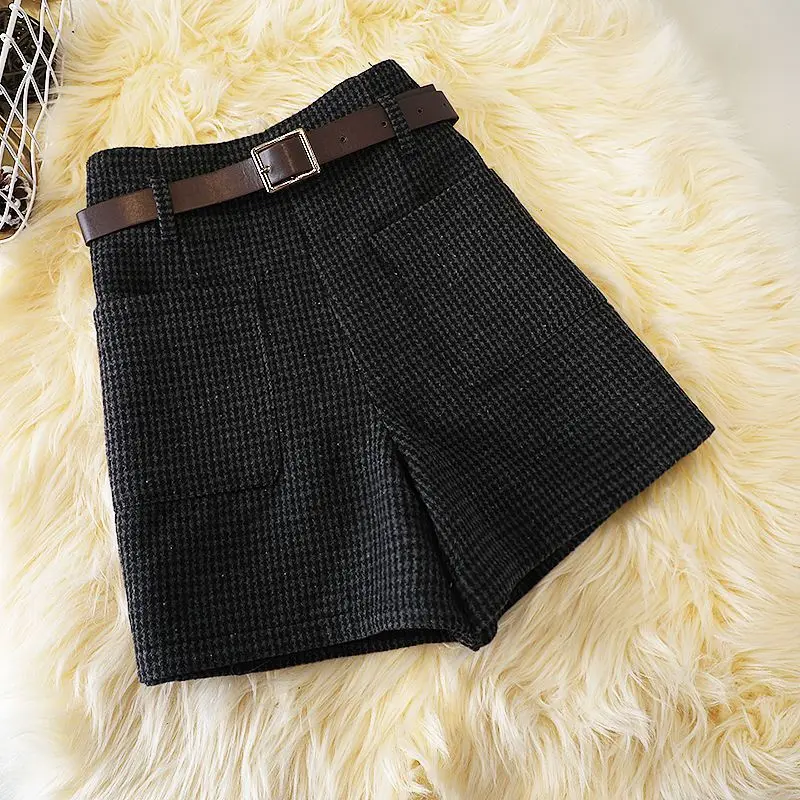 Women's Retro Houndstock Pockets Zipper Autumn and Winter High Waist New Fashion All Match Woolen Wide Leg Korean A-line Shorts