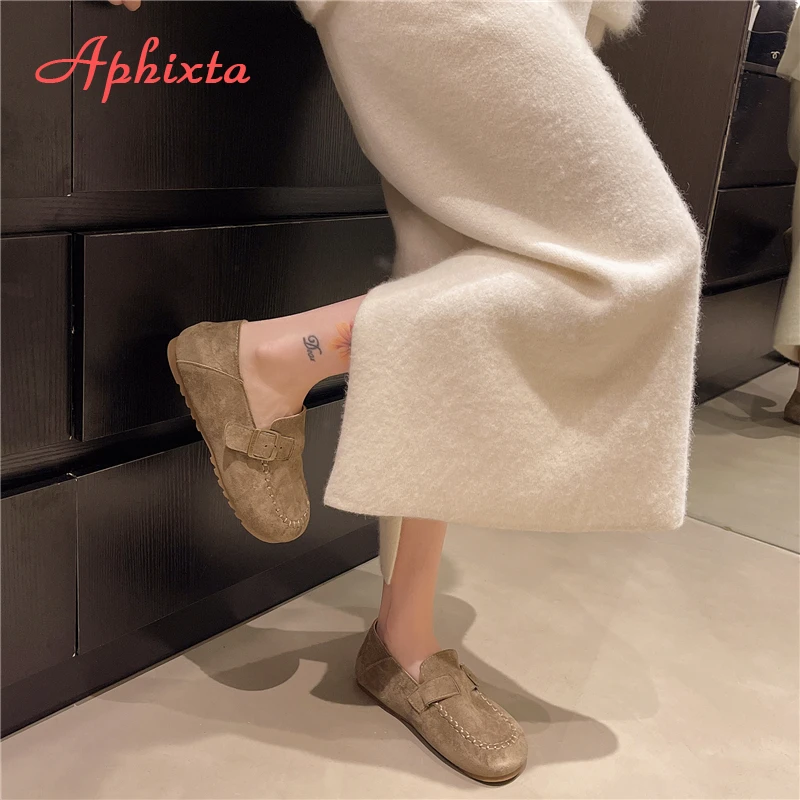 Aphixta Suede Upper Flat With Woman Loafers Shoes Sewing Design Slip on Ladies Shoes Khaki Round Toe Casual Shoes