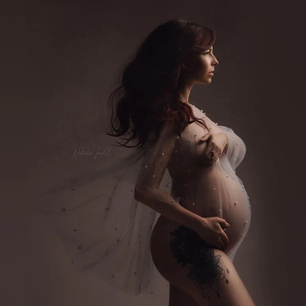 See Through Pearl Maternity Photography Cape Boat Neck Transparent Tulle Pearls Pregnancy Photo Shoot Short Cape 3