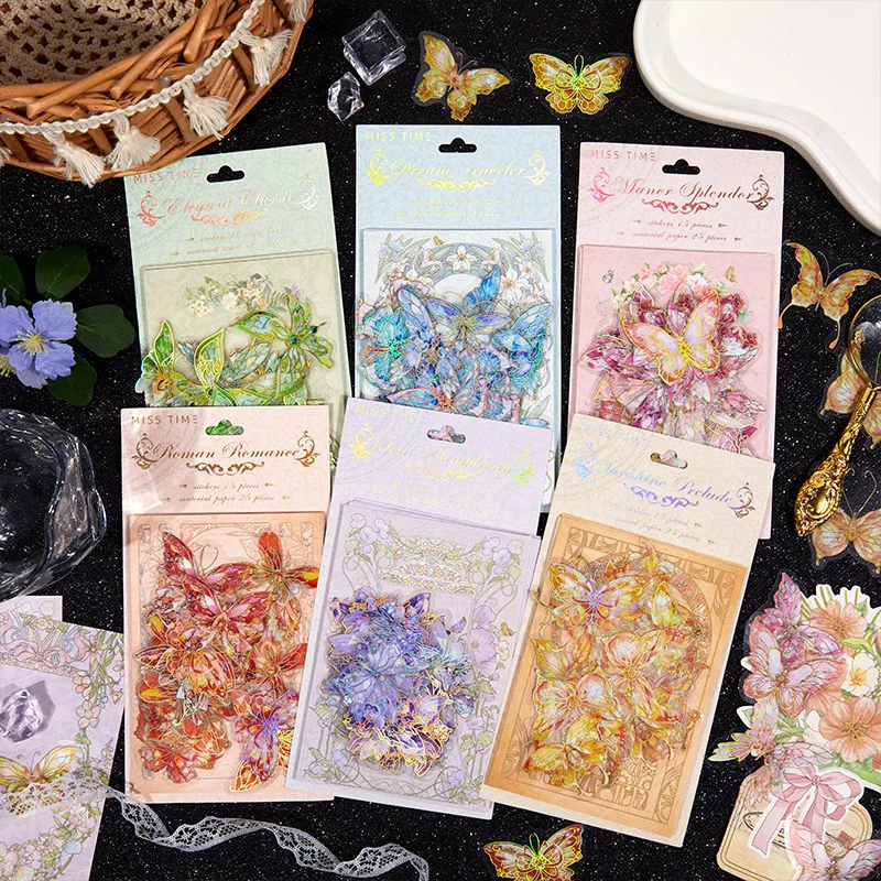 

25 pcs Butterfly theme Stickers+Material paper Vintage Scrapbooking Collage material DIY Hand Account Junk Journal Supplies