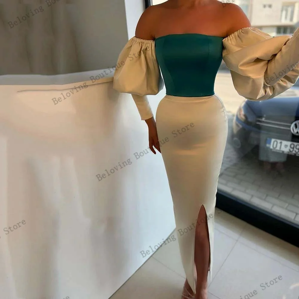 

Green And White Strapless Evening Dresses Party Banquet Dress Mermaid Bride Dress Puff Sleeves Prom Dress Slit Celebrity Gowns