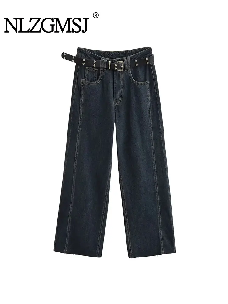 

Nlzgmsj TRAF 2023 Autumn Women New Streetwear belt High Waist Denim Pants Long Jeans Simplicity Wide Leg Trousers