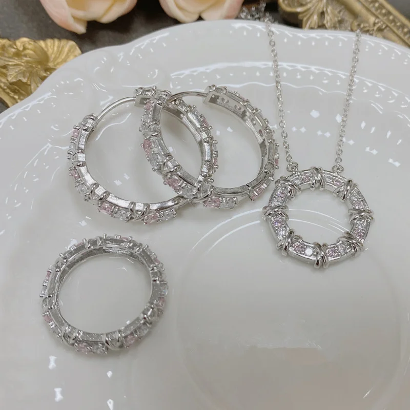 925 Sterling Silver Light Luxury Niche Design Sense Cross Zircon Ring Exquisite Bracelet Cross Round Necklace Women's Party Jewe 3