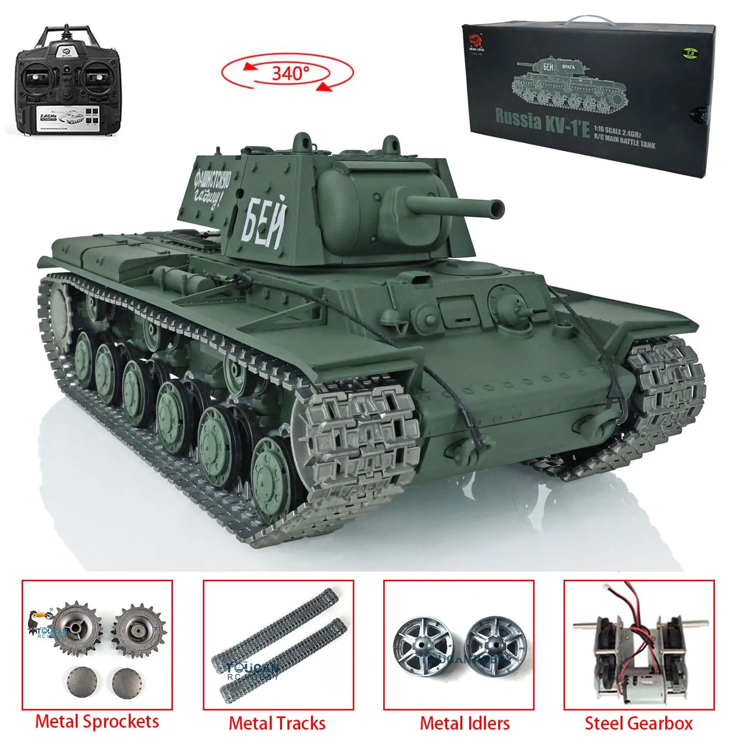 2.4G 헹롱 1/16 스케일 7.0 업그레이드 소련 KV-1 RTR RC 탱크 3878 메탈 트랙 차량 Panzer TH17464