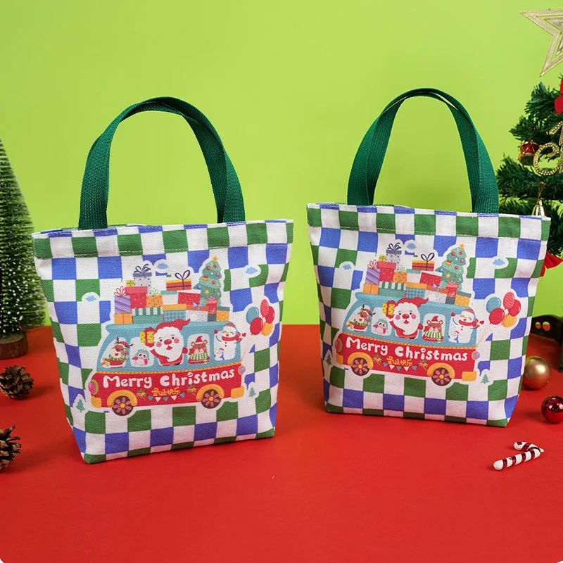 Cartoon Christmas Gift Bag Santa Claus Plaid Canvas Tote Bag Christmas Eve Apples Gift Box Handbag Large Capacity Shopping Bag