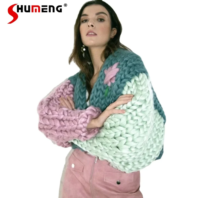 

Handmade Thick Needle Stitching Contrast Color Colorful Short Sweater Thickened Buckle-Free Knitted Cardigan Coats Autumn Female