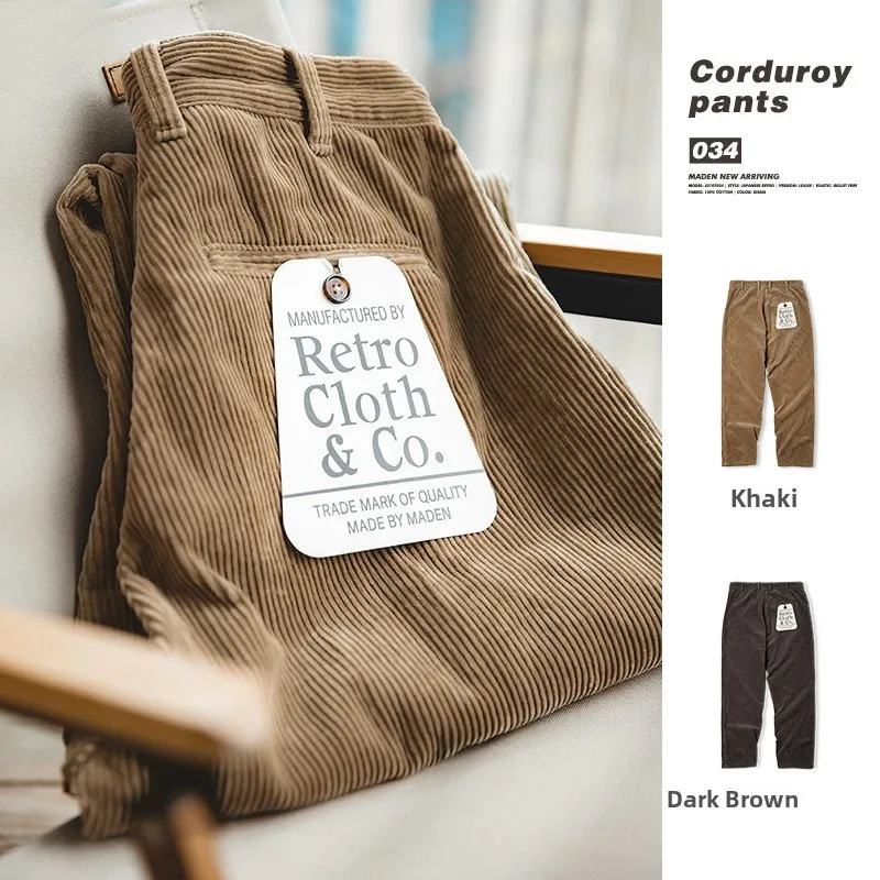 Maden Men's Khaki Corduroy Straight Leg Pants mid Waist Trousers Retro American Workwear Spring Casual Long Trousers